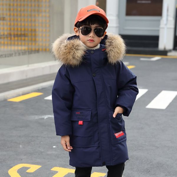 

boys raccoon fur collar duck down jackets new arrival winter long pattern coat collars thicken kids long parka, Blue;gray