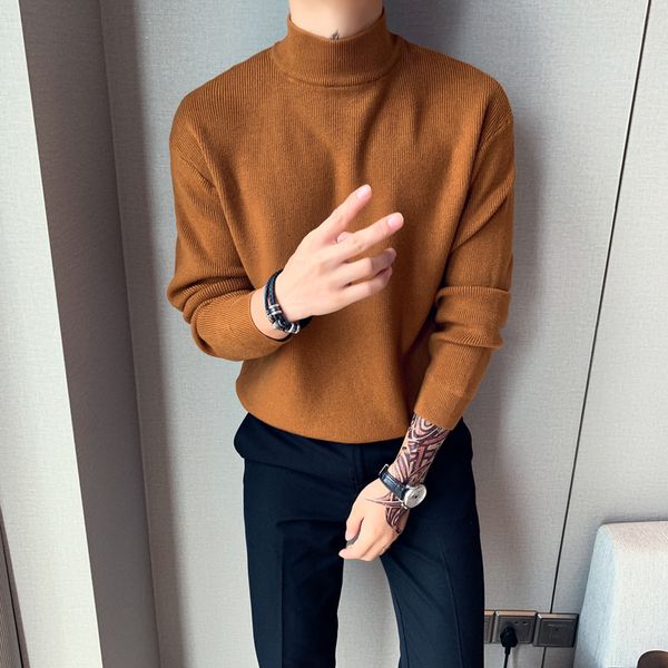 

winter stand collar sweater men's slim warm fashion solid color casual knitted pullover men long sleeve sweater male clothes, White;black