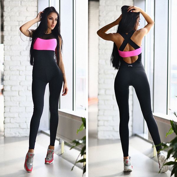 

women backless workout bandage patchwork yoga running gym cycling fitness sport wear tight romper jumpsuit set for female, White;red
