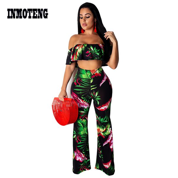 

inmoteng two piece set floral leaf pint ruffle off shoulder strapless crop long wide pants women two piece outfits tracksuit, White