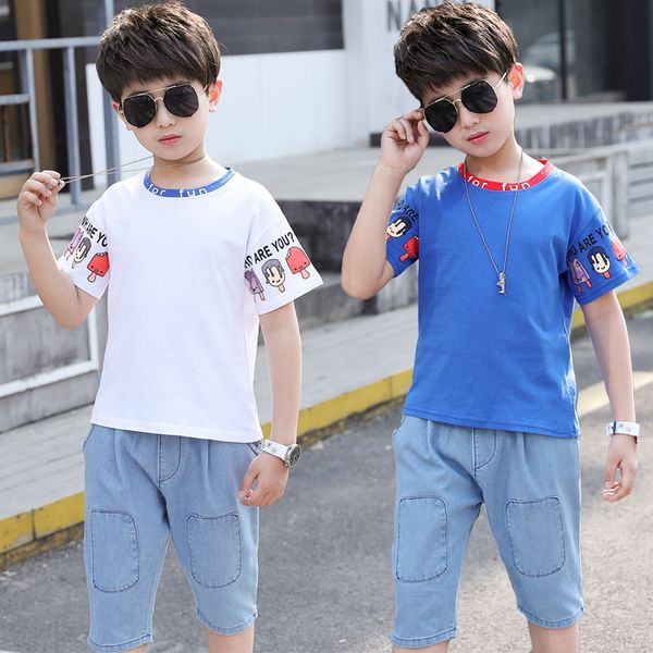 

3 6 8 9 10 12 years summer children clothing suits baby boy clothing set letter style t-shirt + denim shorts toddler boy clothes, White