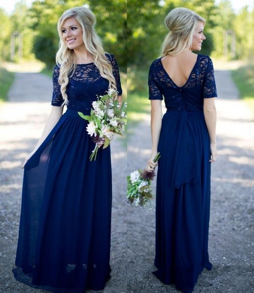 

country bridesmaid dresses long for weddings navy blue lace chiffon short sleeves illusion beads floor length maid honor gowns, White;pink