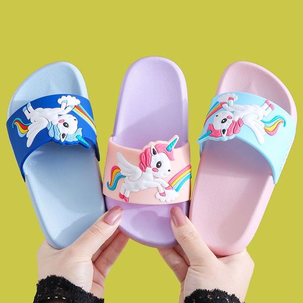 

new summer unicorn children' slippers for boys sandals baby girl slippers pvc soft beach shoes kids rainbow casual flip flops, Black;grey