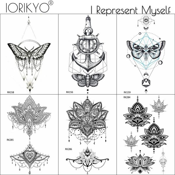 Acheter Iorikyo Petites Femmes Géométrie Papillon Temporaire Tatouage Pendentif Fleur De Henné Lotus Faux Tatouages Filles Noir Imperméable 3d Bijou