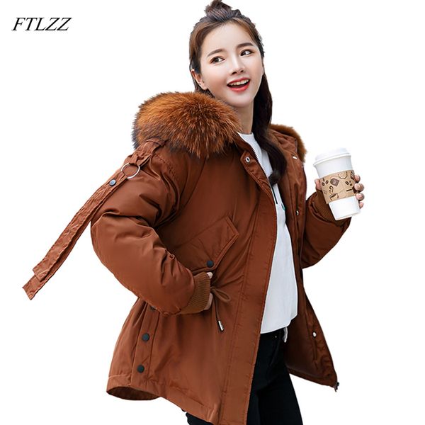 

ftlzz women short jacket hooded cotton-padded parkas winter coat female loose parka big fur collar jackets, Black