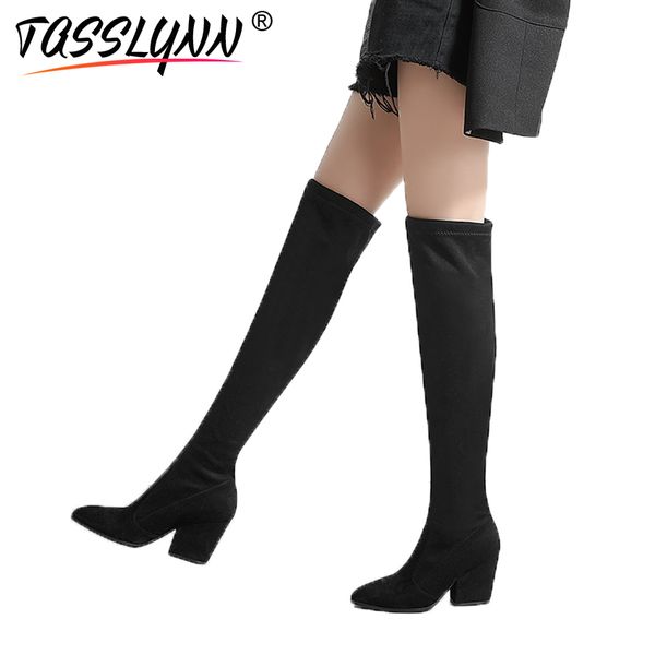 

tasslynn 2018 women boots thick high heels long winter boots women shoes over the knee pointed toe stretch fabric, Black