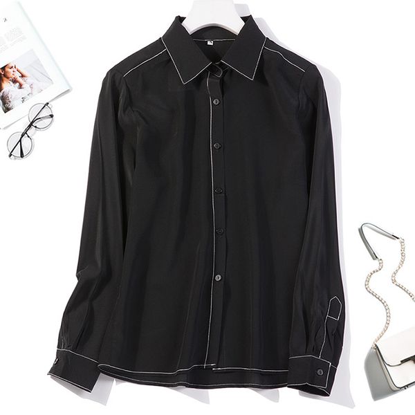 

women's 100% pure silk black white shirt blouse collared office work  l jn066