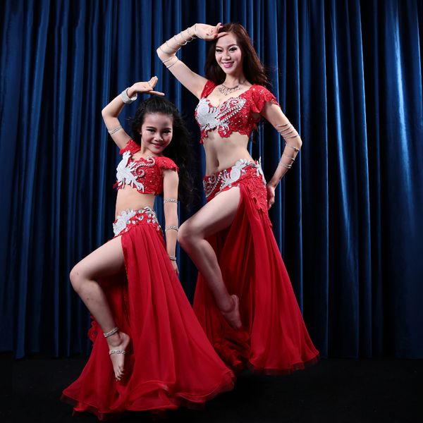 

new bellydance costume women kids girl parent-child bra+split skirt oriental dance performance contest suit stagewear dress, Black;red