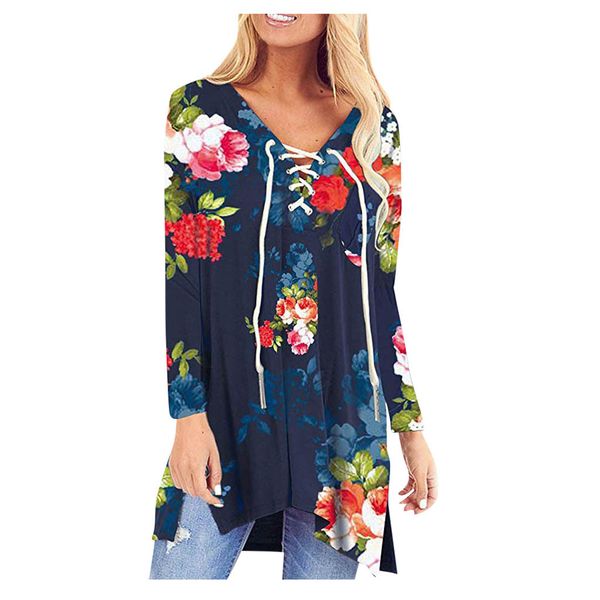 

womens bohemian style frenulum floral v neck tunic long sleeve hoodies lace up with pocket flowy split sweatshirts autumn, Black