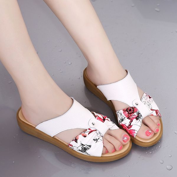 

leisure fashion flat slides for women genuine leather floral slippers open toe anti-slip shoes, Black