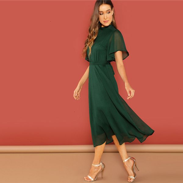 

women clothing women dress weekend casual green flutter short sleeve split tie back solid stand collar dress women autumn elegant dress, Black;gray