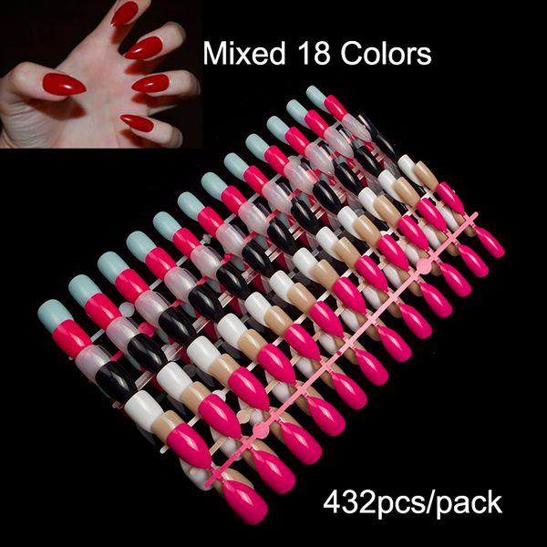 

432pcs/pack mixed 18 colors full cover stiletto nails almond fake nails acrylic mountain sharp ending false nail art tips, Red;gold