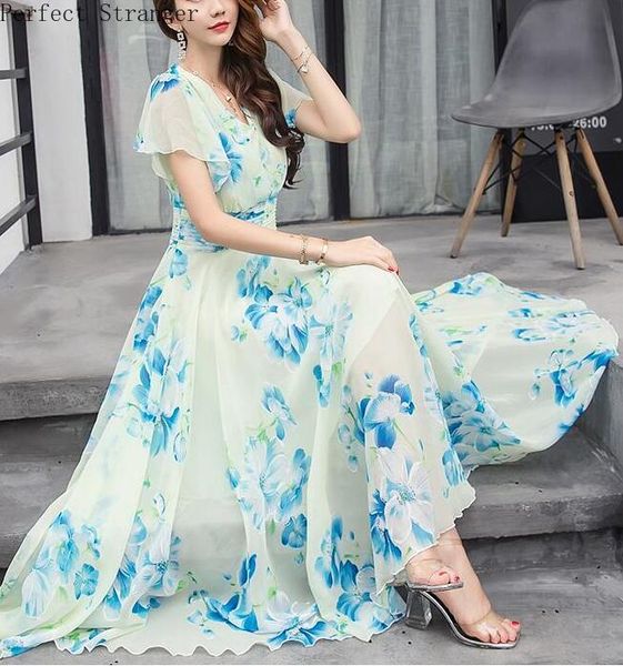 

bohemian style s-5xl 2018 summer new arrival collect waist flare sleeve flower printed woman chiffon long dress, Black;gray