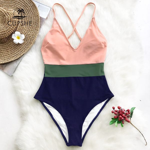 

cupshe cross block one-piece swimsuit women v-neck backless patchwork monokini 2019 girl beach adjustable btahing suits swimwear