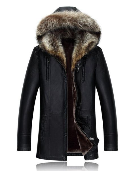 

мужчины из натуральной кожи зимы куртка пальто real raccoon меховой воротник капюшон кашемир топы снег outwear шинель теплого толстый открыт, Black