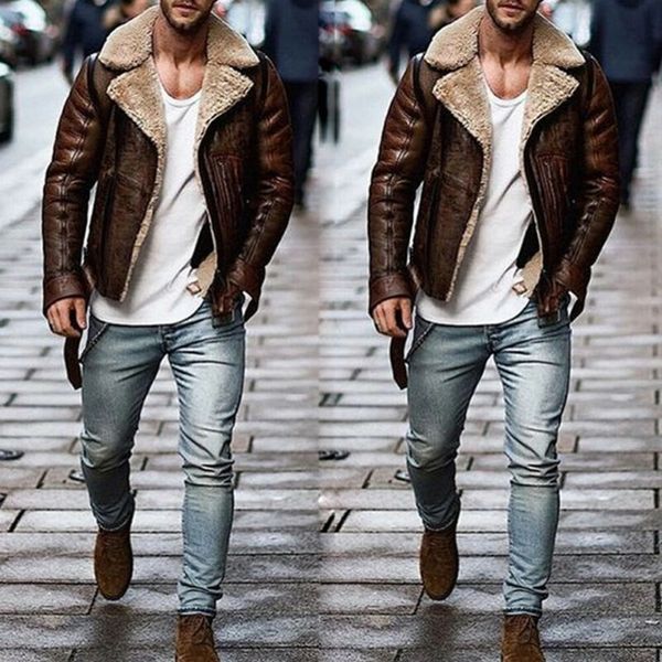 

men brown pu leather jackets 2019 brand new style bomber fur collar sheepskin jacket peacoat overcoat, Black;brown