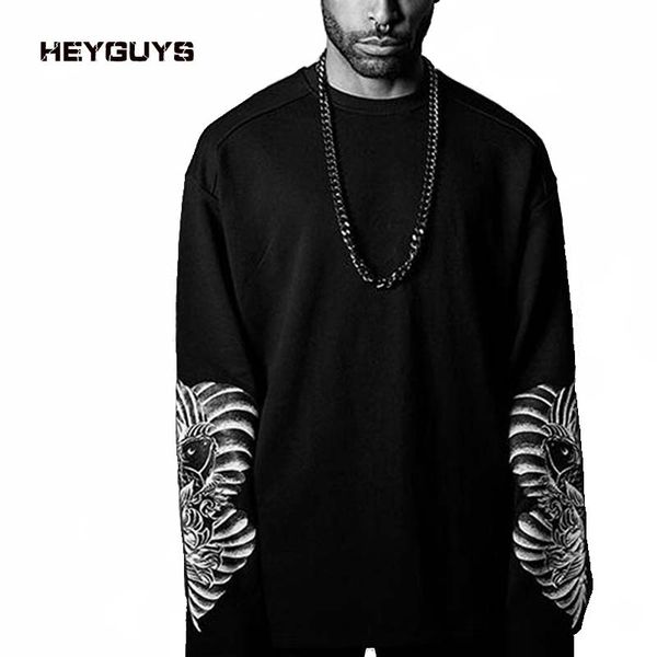 

heyguys 2017 new extend hip hop street t-shirt оптовая продажа модных брендов футболки мужчины китайский рыбный принт с длинным рукавом over, White;black