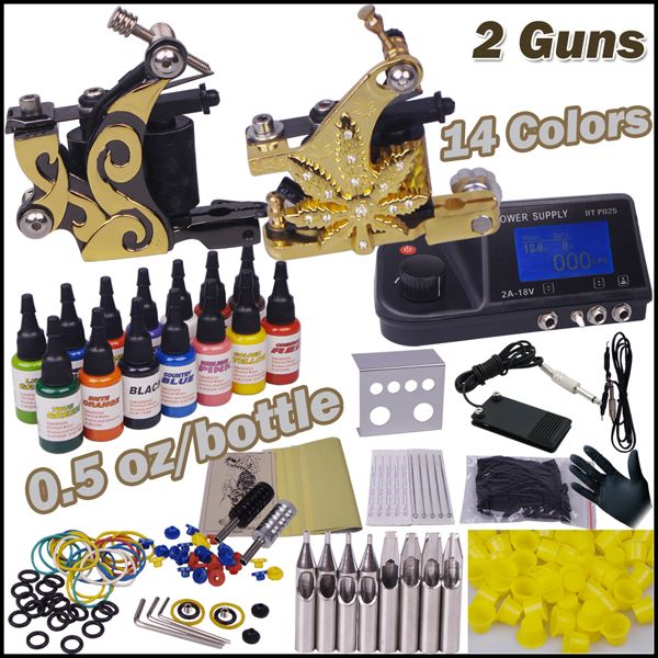 

tattoo kit 2 machines 14 color inks led power supply cd needles skin complete permanent body art tool set for body painting