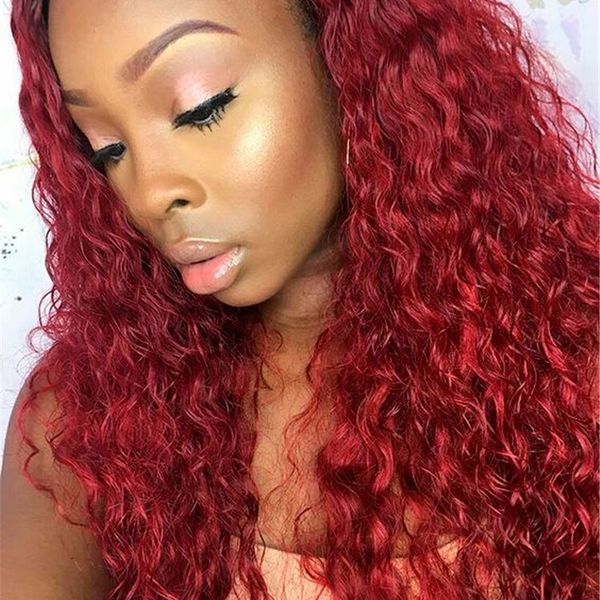 

deep part lace front human hair wigs with baby hair brazilian curly 99j burgundy human hair wig, Black