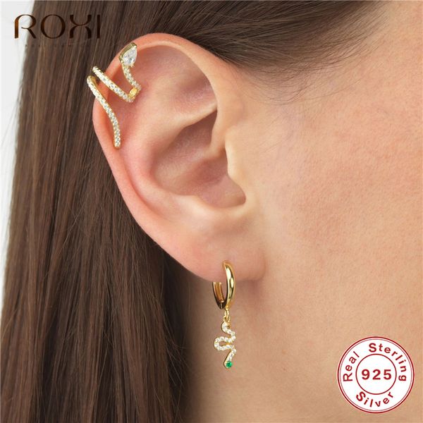 

roxi punk style long serpentine snake stud earrings 100% 925 sterling silver cz snakelike stud earrings for women animal jewelry, Golden;silver