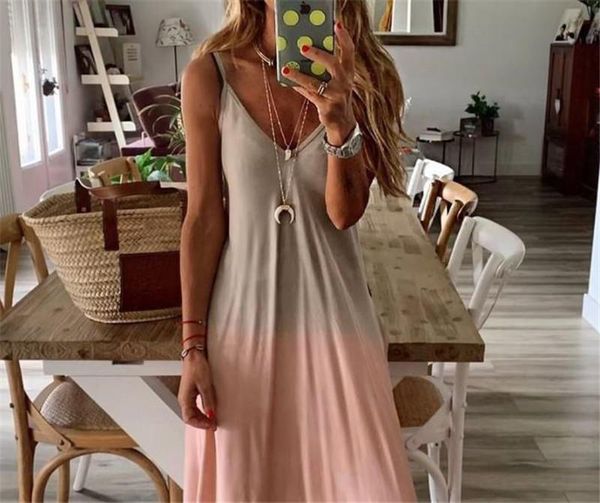 

fashion women gradient dress printed suspenders deep v neck tie dye dress designer spring female loose casual sleeveless long skirt, Black;gray