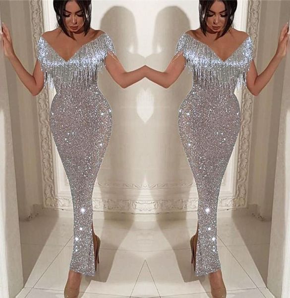 

2019 summer deep v solid color sequined evening dresses mermaid short sleeve length with tassel women night party dress, White;black