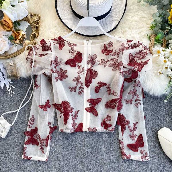 

women flower butterfly embroidery 3d perspective mesh blouse vintage elegant puff sleeve sheer back zipper female blusas, White