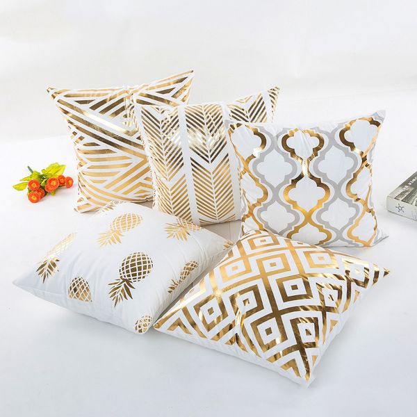 

gold bronzing pillow cases luxury geometric pineapple cotton pillow case white bedroom home office decorative throw pillowcases
