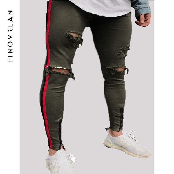 

2019 new arrived men side red stripe biker jeans denim ripped holes slim supper skinny hip hop jeans men, Blue