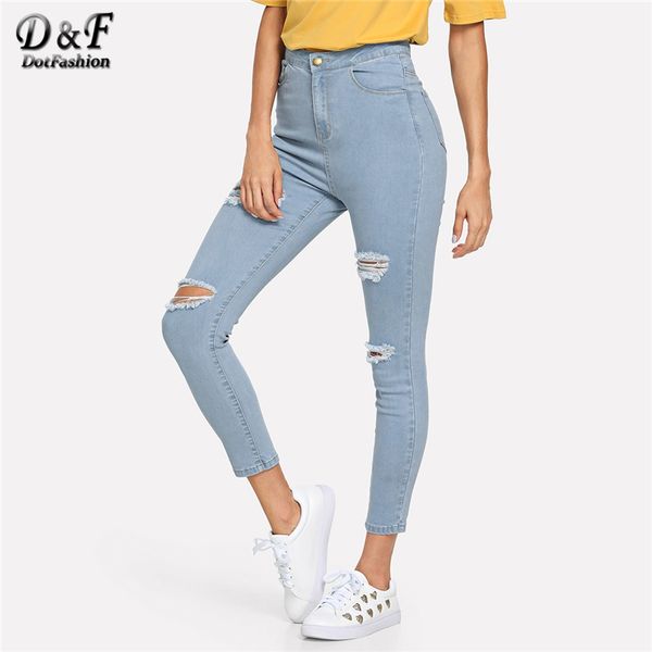 

dotfashion blue rips detail crop jeans woman 2019 spring autumn casual high waist pants ripped jeans for women denim trousers