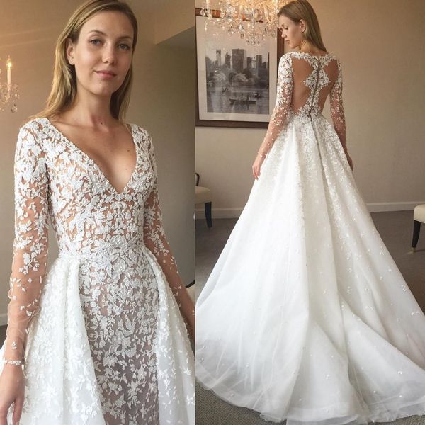 

2019 new zuhair murad overskirt wedding dresses long sleeves v-neck appliqued tulle chapel a-line sweep train beaded bridal gowns, White