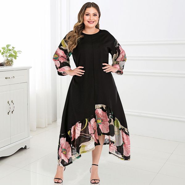 

siskakia plus size dress fall 2019 fashion printing patchwork asymmetry cut midi dresses long sleeve o neck casual women clothes, Black;gray