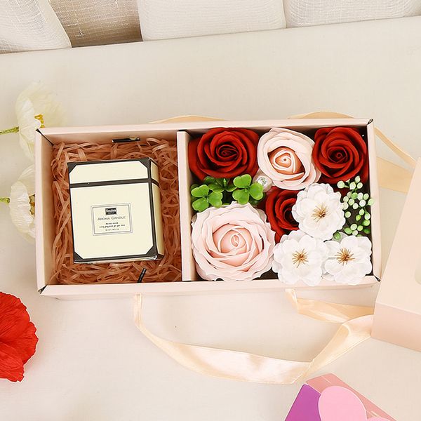 

artificial rose soap flower gift box with smokeless scented candles set petal bath body soap flower for valentine's day gift