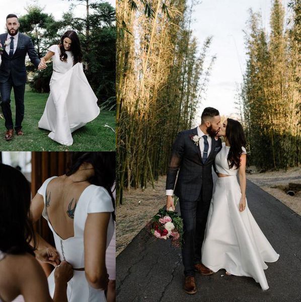 

2019 Newest Two Pieces Country Style Satin Wedding Dresses A Line Jewel Neck Covered Button Backless Wedding Bridal Gowns Vestidos De Novia