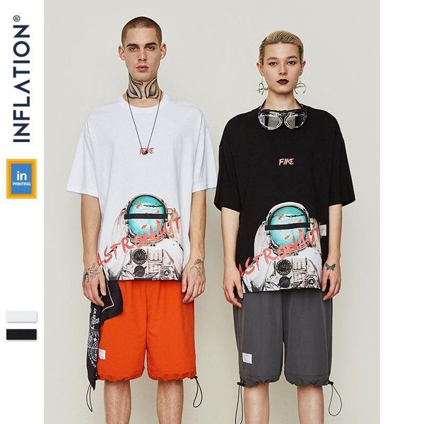 

inf 2019 новая популярная корейская спортивная футболка пара свободных космических астронавтов письмо печать круглый вырез подол нерегулярны, White;black