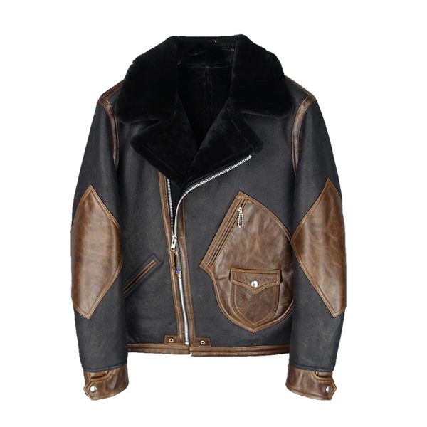 

2020 brown men american casual style shearling coat plus size xxxxl genuine cowhide winter thick warm casual shearling jacket, Black