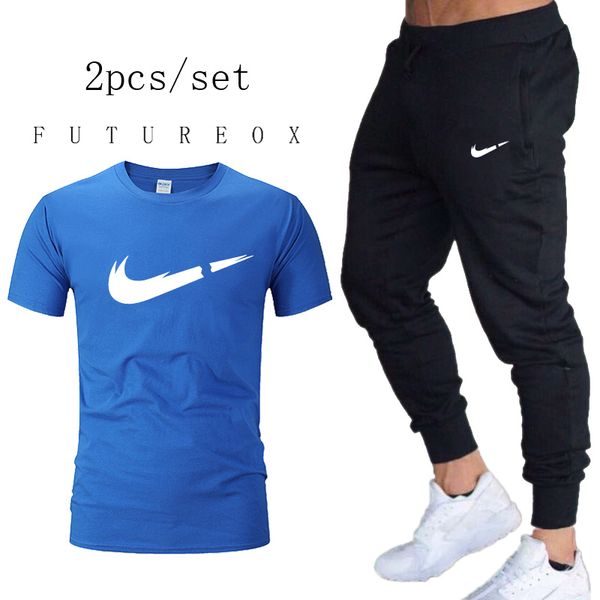 

2019 running sets quick-drying breathable t-short+loose stretchmen sport pants joggers training gym fitness summer, Black;blue