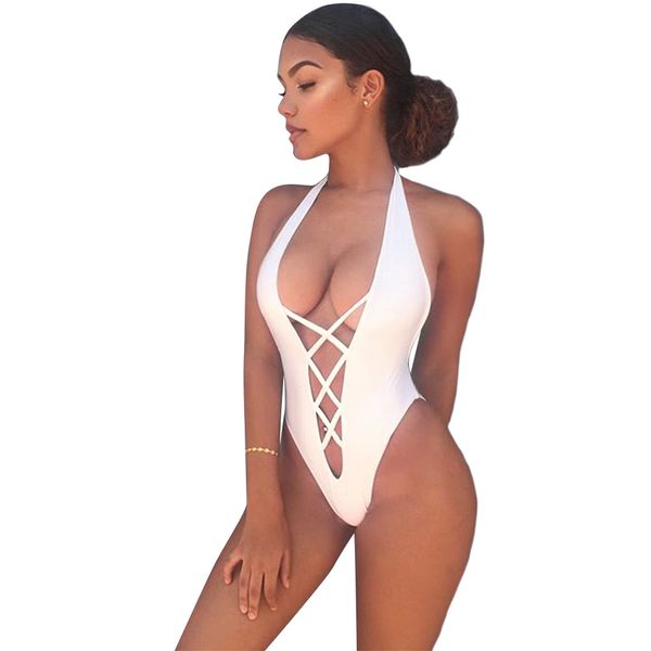 

deep v-neck bikni women one piece bikini set push-up padded bra swimsuit -swimwear, Black;white