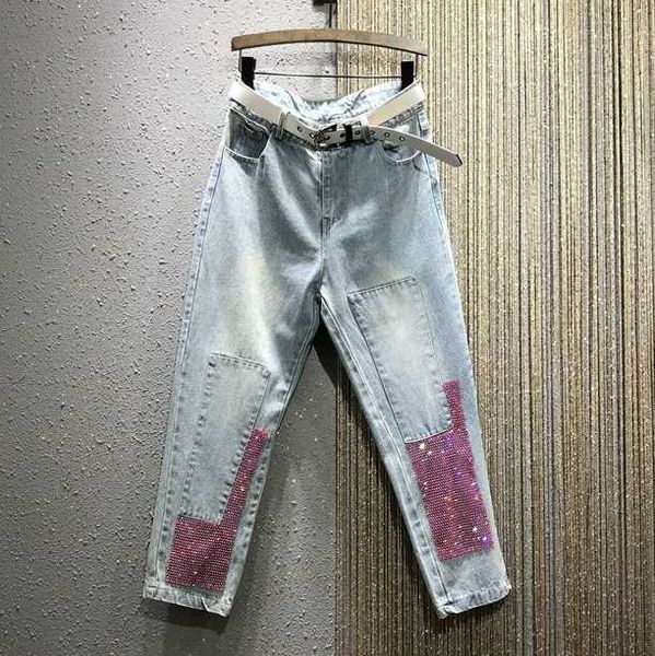 

color patch diamond beads jeans women's 2020 spring new style cool straight-cut denim pants fashion slim drill jeans ladies, Blue