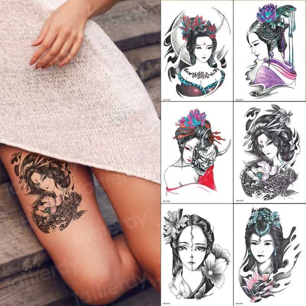 

leg arm sleeve tattoo japanese geisha waterproof temporary tatto sticker flower girl fake tatoo body art women 6pcs/lot sheets