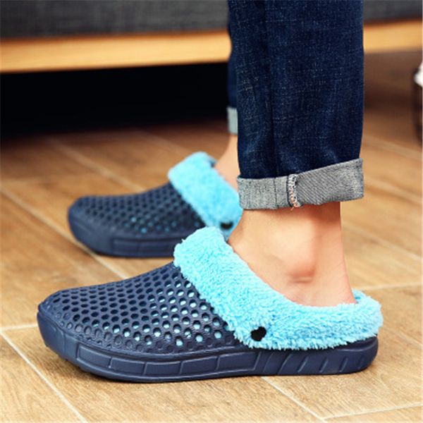 

men women winter keep warm slippers breathable hole flats light lovers massage shoes comfortable plush outdoor slides, Black