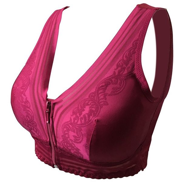 

front zipper bra fixed mastectomybra comfortable vest pocket lace back, Red;black