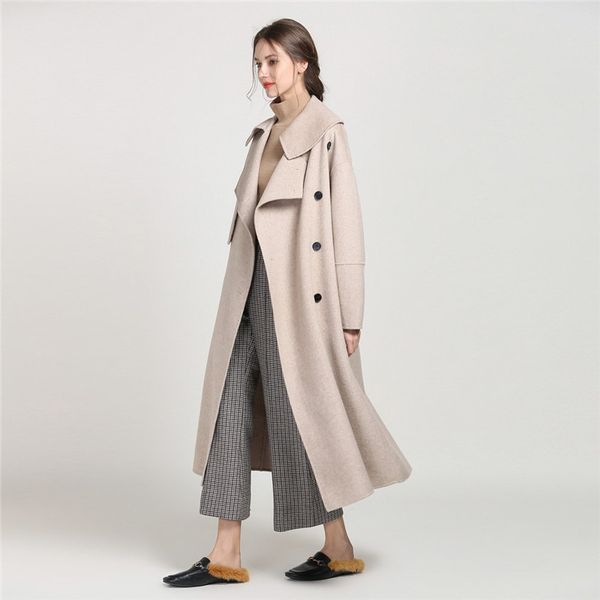 

korean winter 2019 fashion double-sided single button 100% wool loose plus size x-long coat women handmade woolen overcoat, Black