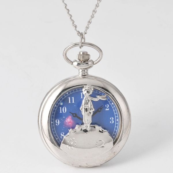 

kids little boy fashion gift to the little prince planet quartz pocket fob watch popular giftsblue bronze vintage, Slivery;golden