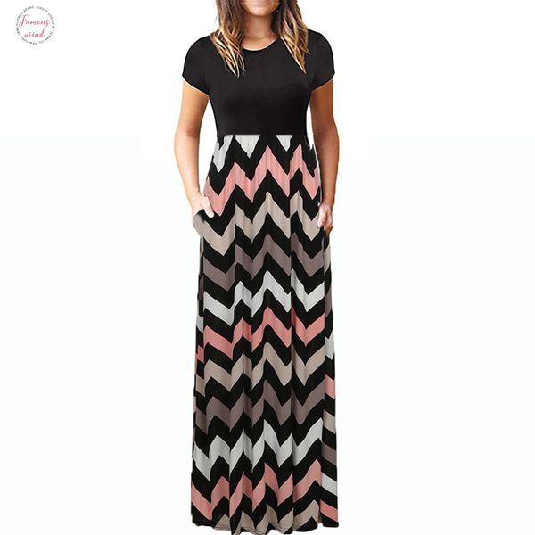 

2020 dress elegant shirt womens casual sleeve o neck print crew neck maxi tank dress robe femme floral new style dropshipping, Black;gray