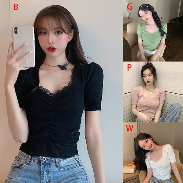 

women's t-shirt fashion summer women stitching lace v-neck solid color bubble sleeve short knit, White