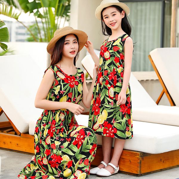 

flower sleeveless mother daughter matching dresses beach mommy and me clothes family look mom mum baby women girls dress outfits, Blue