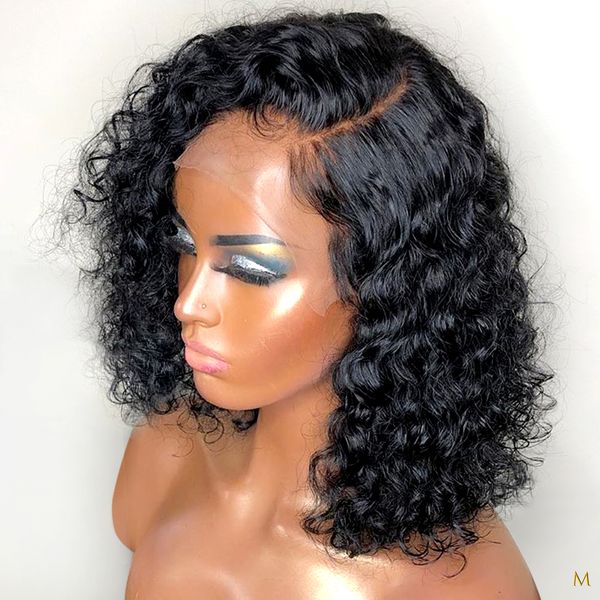 

bob curly wig 13*4 lace front human hair wigs for black women brazilian remy prepluck 130% density middle ratio bleached, Black;brown
