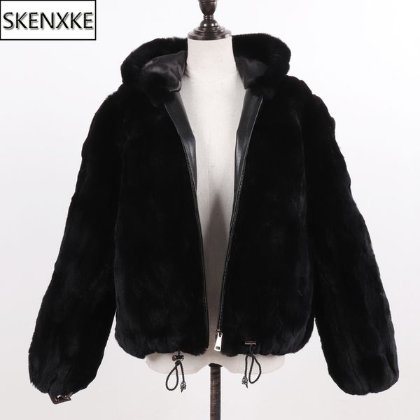 

new women 100% natural rex rabbit fur hooded coats winter russian lady warm real rex rabbit fur jackets genuine fur overcoat y190926, Black;brown