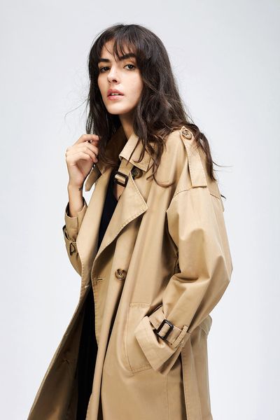 

autumn new women's casual trench coat oversize double breasted vintage washed outwear loose clothing, Tan;black